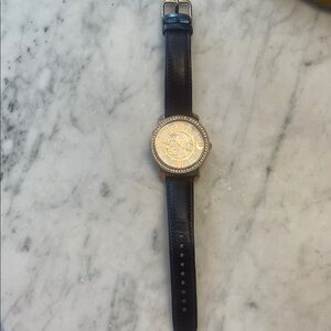Fossil Black Leather Strap Watch with Gold Dial